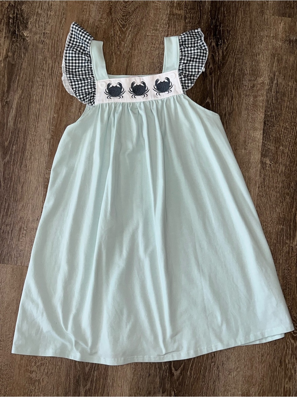 Girls Light Aqua Crab Smocked Casual Dress with Gingham Ruffle